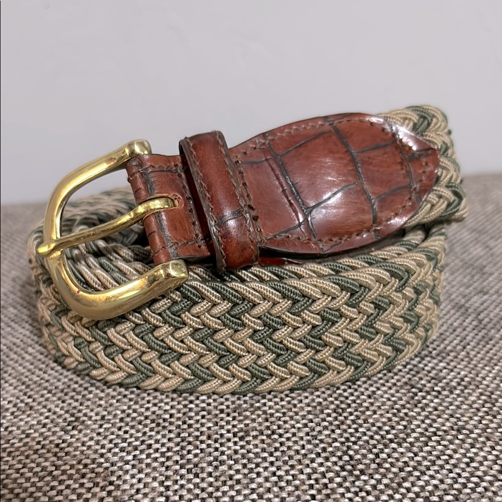Crookhorn olive green & tan leather belt with brass buckle, size 38.